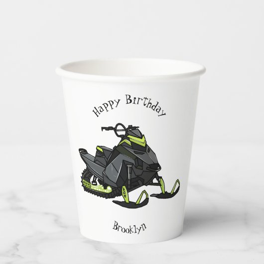 Snowmobile cartoon illustratie papieren bekers (Voorkant)