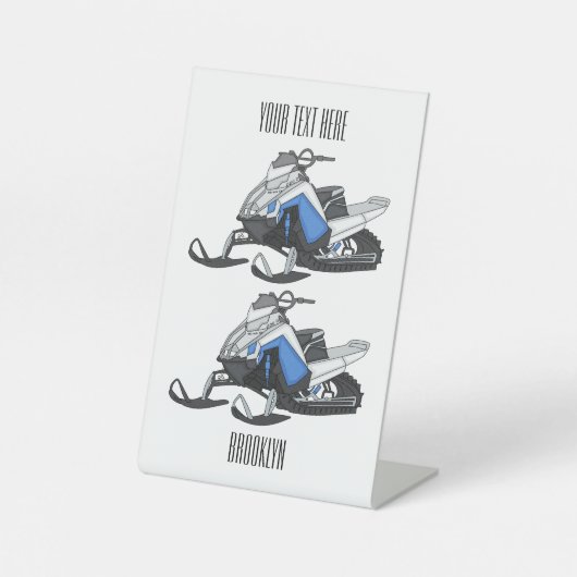 Snowmobile cartoon illustratie reclamebord met voetstuk (Voorkant)