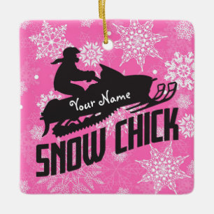 Snowmobile Sneeuw Chick Pink Snowflake Keramisch Ornament