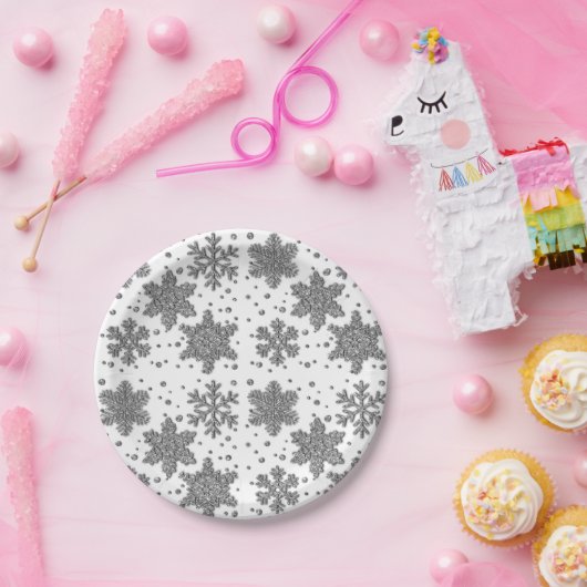 Snowschilfers met mousserende zilverkleurige sneeu papieren bordje (Feest)