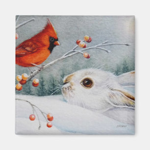 Snowshoe Rabbit & Cardinal Bird Waterverf Art Magneet