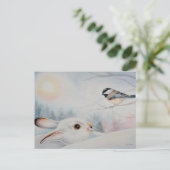Snowshoe Rabbit & Chickadee Bird Waterverf Art Briefkaart (Staand voorkant)