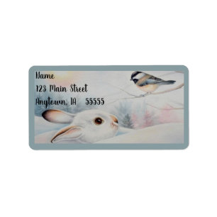 Snowshoe Rabbit & Chickadee Bird Waterverf Art Etiket