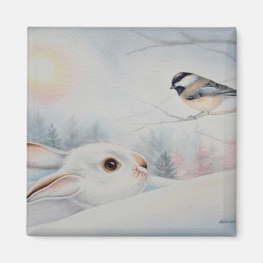 Snowshoe Rabbit & Chickadee Bird Waterverf Art Magneet (Voorkant)