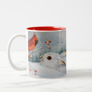 Snowshoe Rabbit & Red Cardinal Bird Waterverf Art Tweekleurige Koffiemok