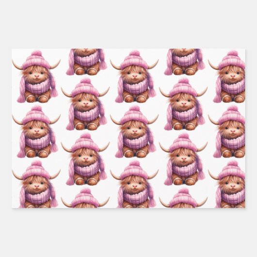 Snowy Adventure Pink Highland Koe inpakpapier (Voorkant)