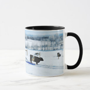 Snowy Belted Galloway Koe in sneeuwse Waterverf Mok
