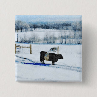 Snowy Belted Galloway Koe in sneeuwse Waterverf Vierkante Button 5,1 Cm