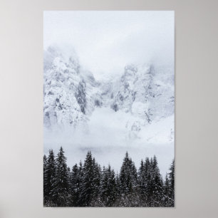 Snowy-bergen en sparsaus-bos poster