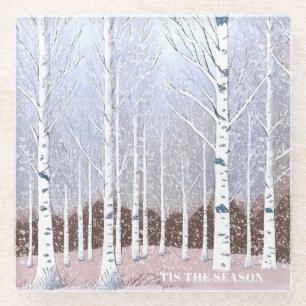 Snowy berken bomen kerst stoffig blauw ID1003 Glazen Onderzetter