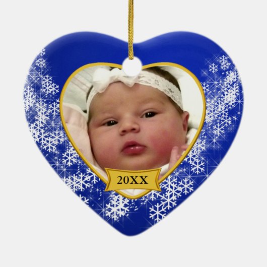 Snowy Blue Baby's Foto Kerstmis Keramisch Ornament (Achterkant)