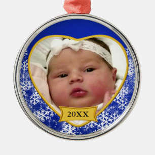 Snowy Blue Baby's Foto met Kerstmis Metalen Ornament