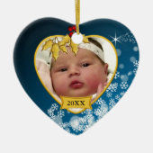 Snowy Blue en Gold Baby's eerste kerstfoto Keramisch Ornament (Voorkant)