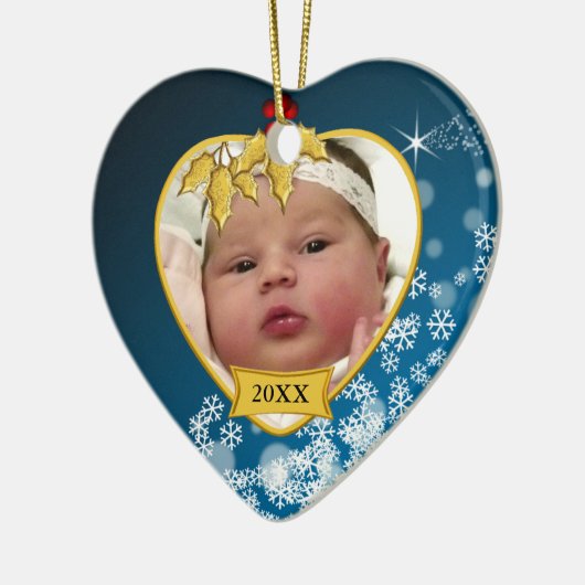 Snowy Blue en Gold Baby's eerste kerstfoto Keramisch Ornament (Links)