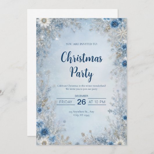 Snowy Blue Floral hiver Noël Invitation (Devant / Derrière)
