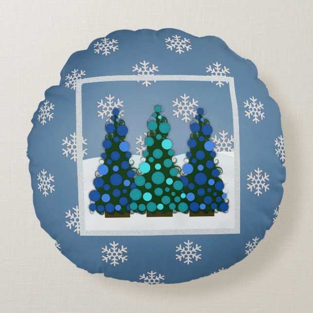 Snowy Blue Kerstmis Round Pillow Rond Kussen (Voorkant)