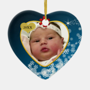 Snowy Blue Red Bow Baby's eerste kerstfeest Keramisch Ornament