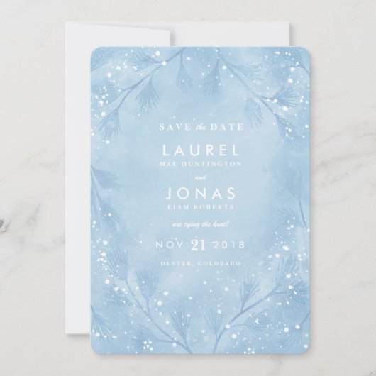 Snowy Blue Winter Wedding Save the Date Cards (Voorkant)