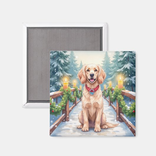 Snowy Bridge Boykin Spaniel Christmas Art Magneet (Voorkant / Achterkant)