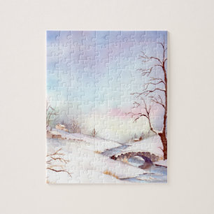Snowy Bridge Waterverf Landscape Painting Legpuzzel