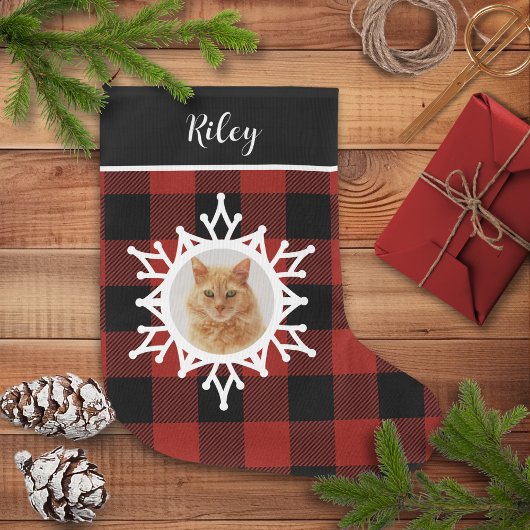 Snowy Buffalo Plaid Cat Christmas Stocking Grote Kerstsok