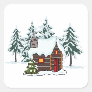 Snowy Cabin Scene Vierkante Sticker