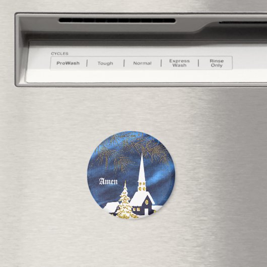 Snowy Christmas Church Amen Magnet Magneet (Insitu (Vaatwasser))