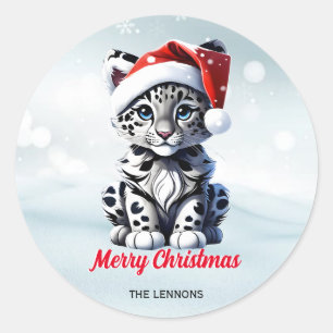 Snowy Christmas Santa Schattigee Sneeuw Leopard Cu Ronde Sticker