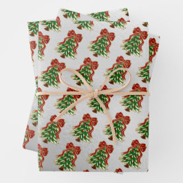 Snowy Christmas Tree & Bow Silver Wrapping Paper