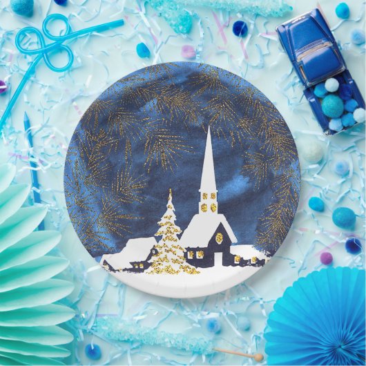 Snowy Church Kerstpapier Borden Papieren Bordje (Feest)