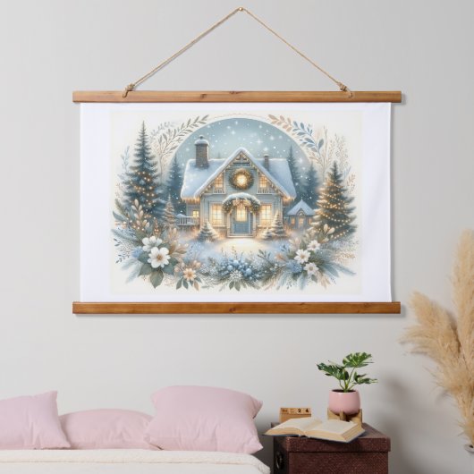 Snowy Cottage Glow Scene Hangend Wandkleed (Slaapkamer)