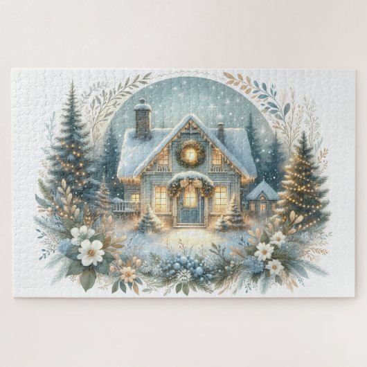 Snowy Cottage Glow Scene Legpuzzel (Horizontaal)