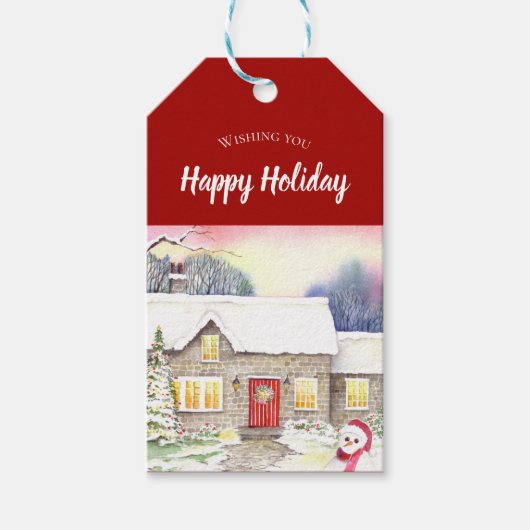 Snowy Cottage-Waterverf Cadeaulabel (Voorkant)