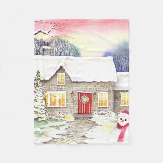 Snowy Cottage-Waterverf Fleece Deken (Voorkant)