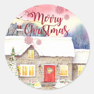 Snowy Cottage-Waterverf Ronde Sticker
