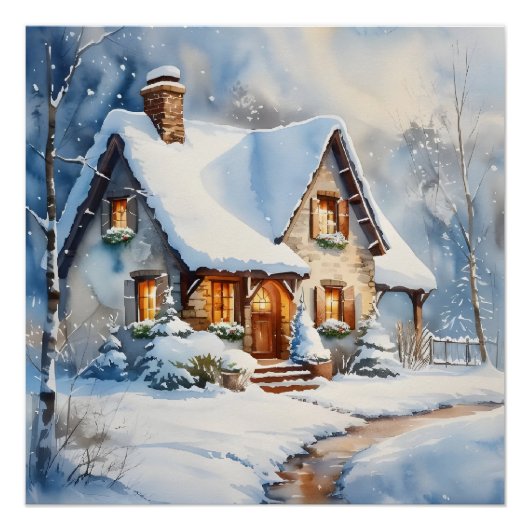 Snowy Cottage Waterverf schilderkunst Perfect Poster (Voorkant)