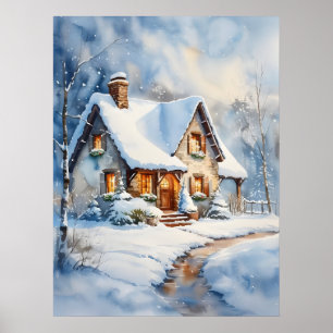 Snowy Cottage Waterverf schilderkunst Poster