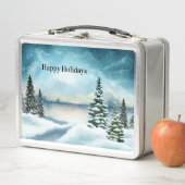 Snowy dennenbomen in de buurt van een meer (In situ)