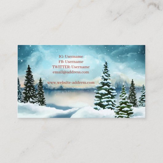 Snowy dennenbomen in de buurt van een meer visitekaartje (Achterkant)