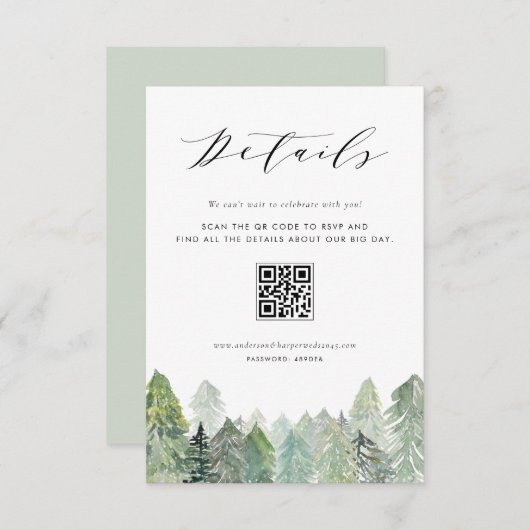 Snowy Evergreen Forest QR Code Trouwdetails Informatiekaartje (Voorkant / Achterkant)