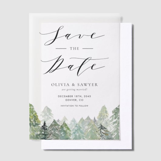 Snowy Evergreen Forest Winter Save the Date Vellum Uitnodigingen (Offset)