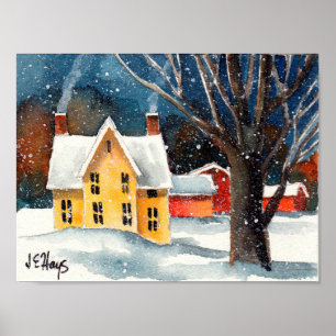 Snowy Farmhouse en Barns Poster