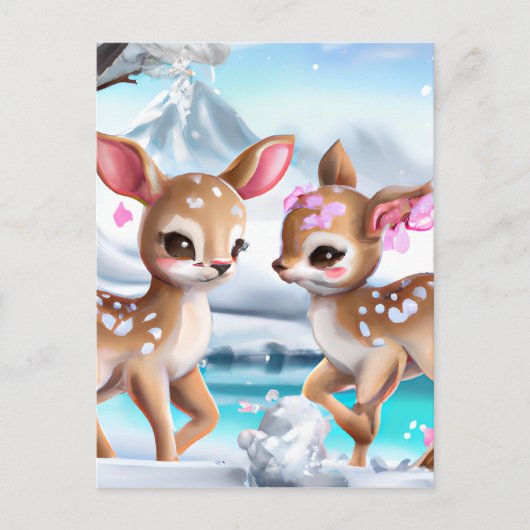 Snowy Fawn Chasing in een kleurrijk landschap Briefkaart (Voorkant)