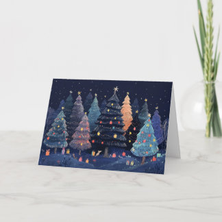 Snowy Forest met kleurrijke kerstverlichting Kaart