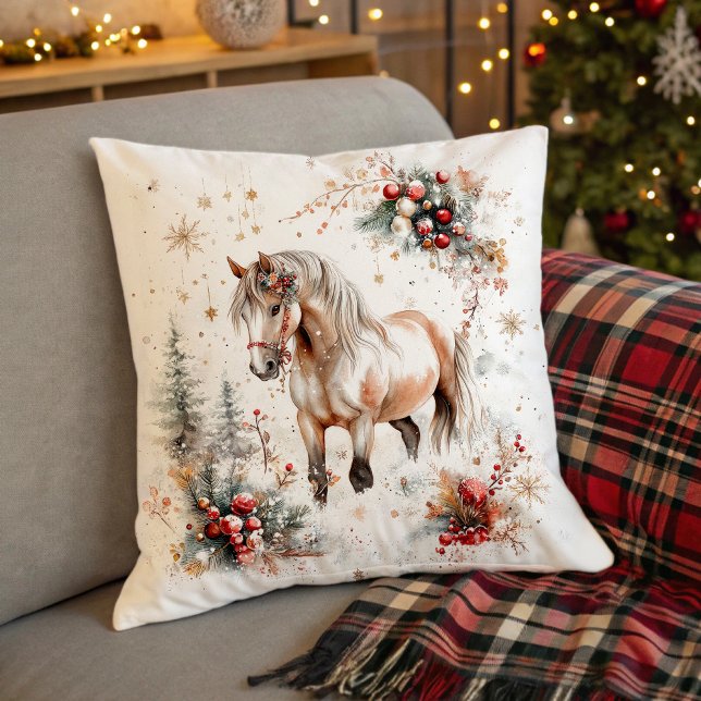 Snowy Forest Winter Horse Kussen (Snowy Forest Winter Horse Throw Pillow)