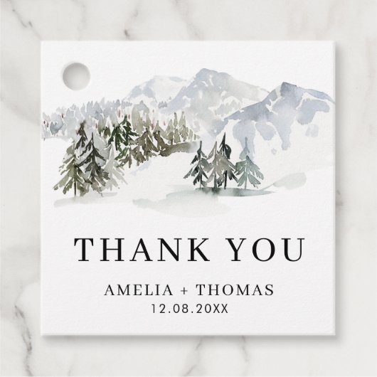 Snowy Forest Woodland Winter Weddenschap Bedankjes Labels (Voorkant)