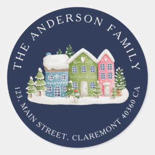 Snowy Houses retour adreslabel Ronde Sticker