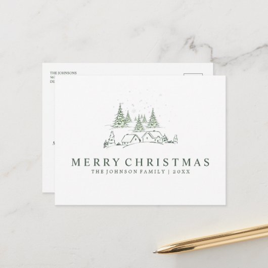 Snowy kerstdorp feestdagenkaart (Voorkant / Achterkant in situ)