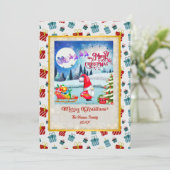Snowy Kerstmis Gnome en Santa's slee geschenken Feestdagenkaart (Staand voorkant)