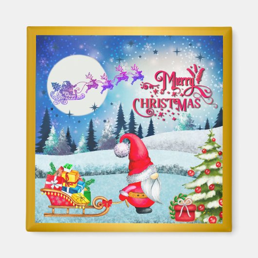 Snowy Kerstmis Gnome en Santa's slee geschenken Magneet (Voorkant)